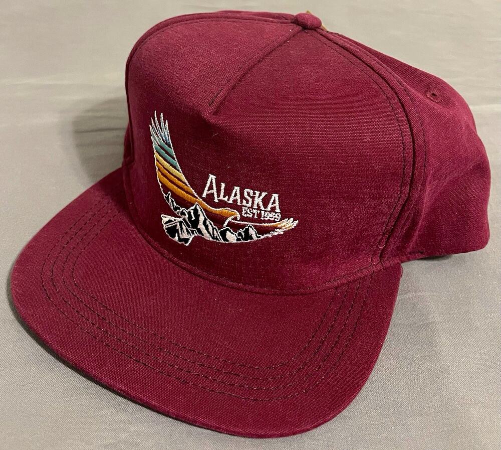 NWT Alaska Outpost Hat Maroon Snapback Cap Eagle Mountains EST 1959 Souvenir